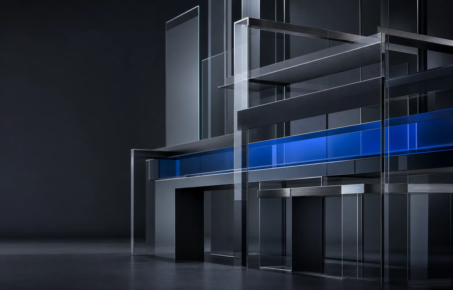 Abstract architectural layers in graphite, glass, and MJS blue