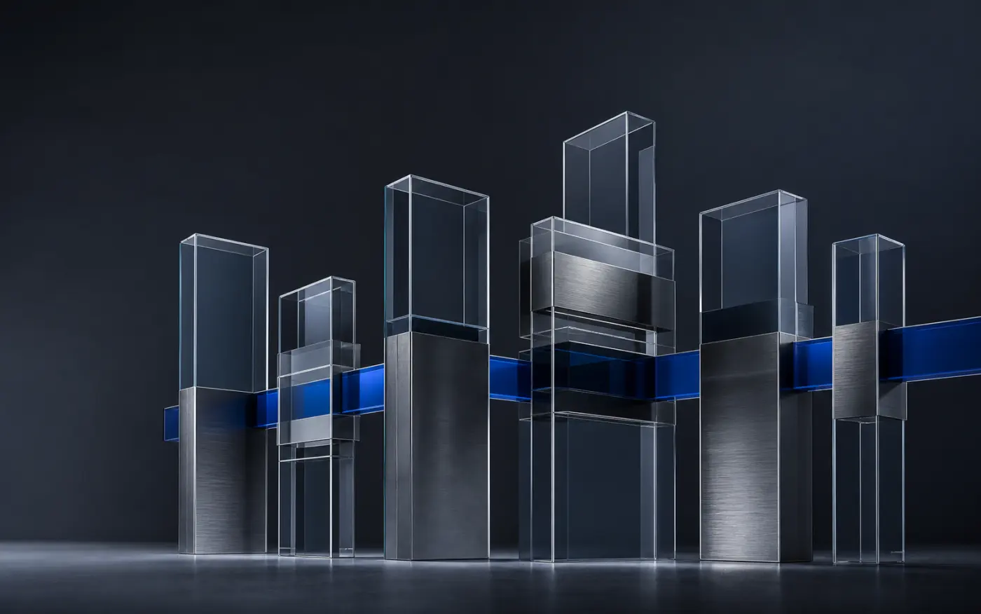 Connected glass and graphite towers linked by a cobalt infrastructure line